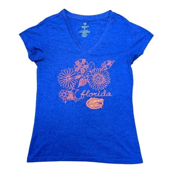 UF Florida Gators Womens V-Neck Tee By Colosseum Blue Floral Graphics  Size M - Picture 1 of 5